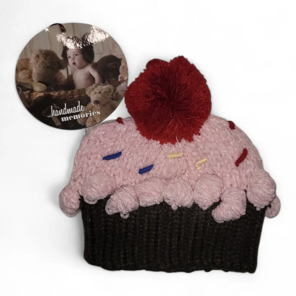 Handmade Cupcake Crochet Hat Baby Toddler Pink Brown Red Pom Sprinkles 0-6months